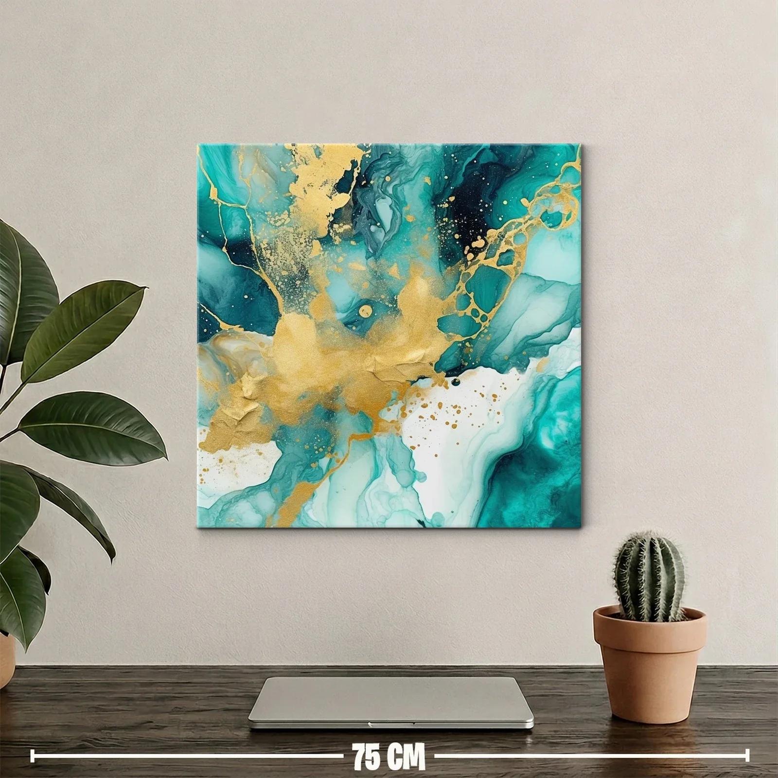 Cuadro abstracto con tonos turquesa y dorados vibrantes — miniatura 2