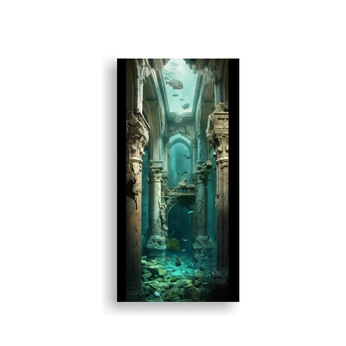 Cuadro ruinas sumergidas de un templo con peces