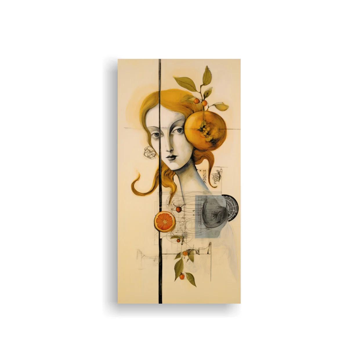 Cuadro rostro femenino surrealista con naranjas y boceto anatómico