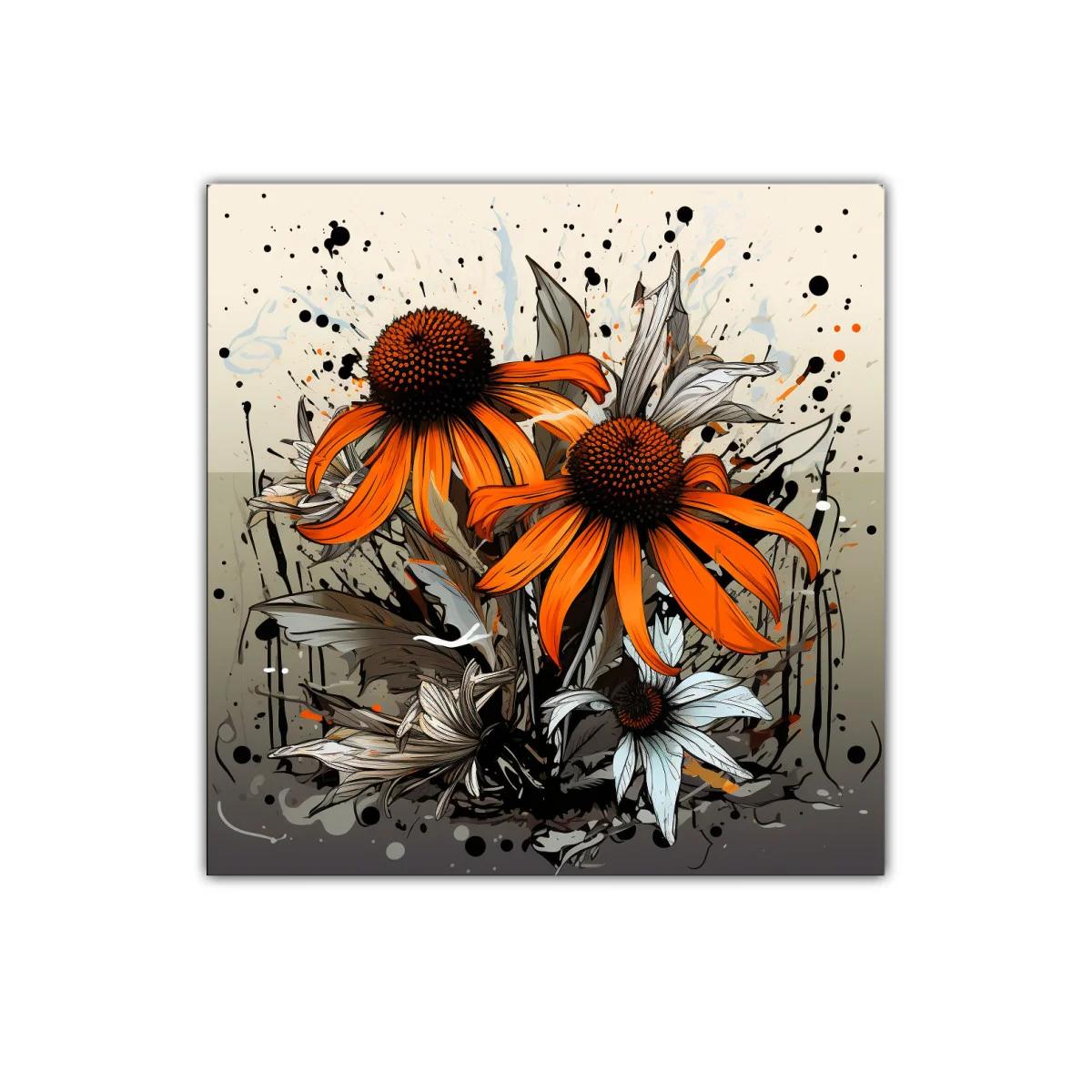 Flores vibrantes en tonos anaranjados y grises en composición artística
