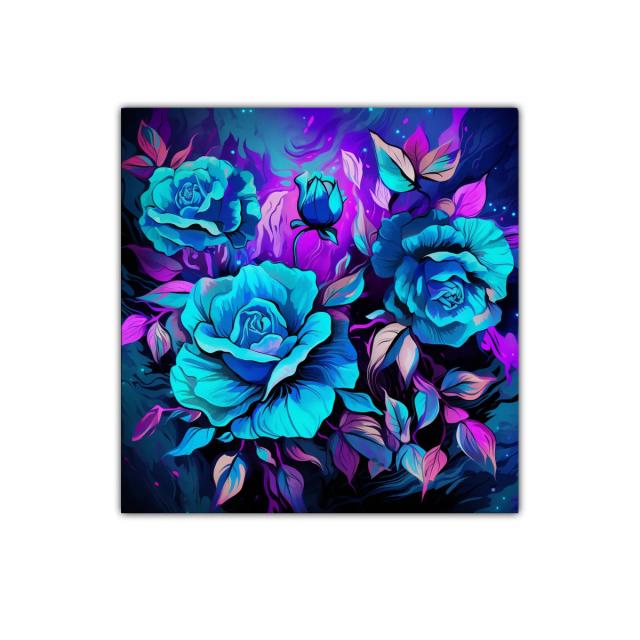 Cuadro decorativo con rosas vibrantes en tonalidades azules y moradas