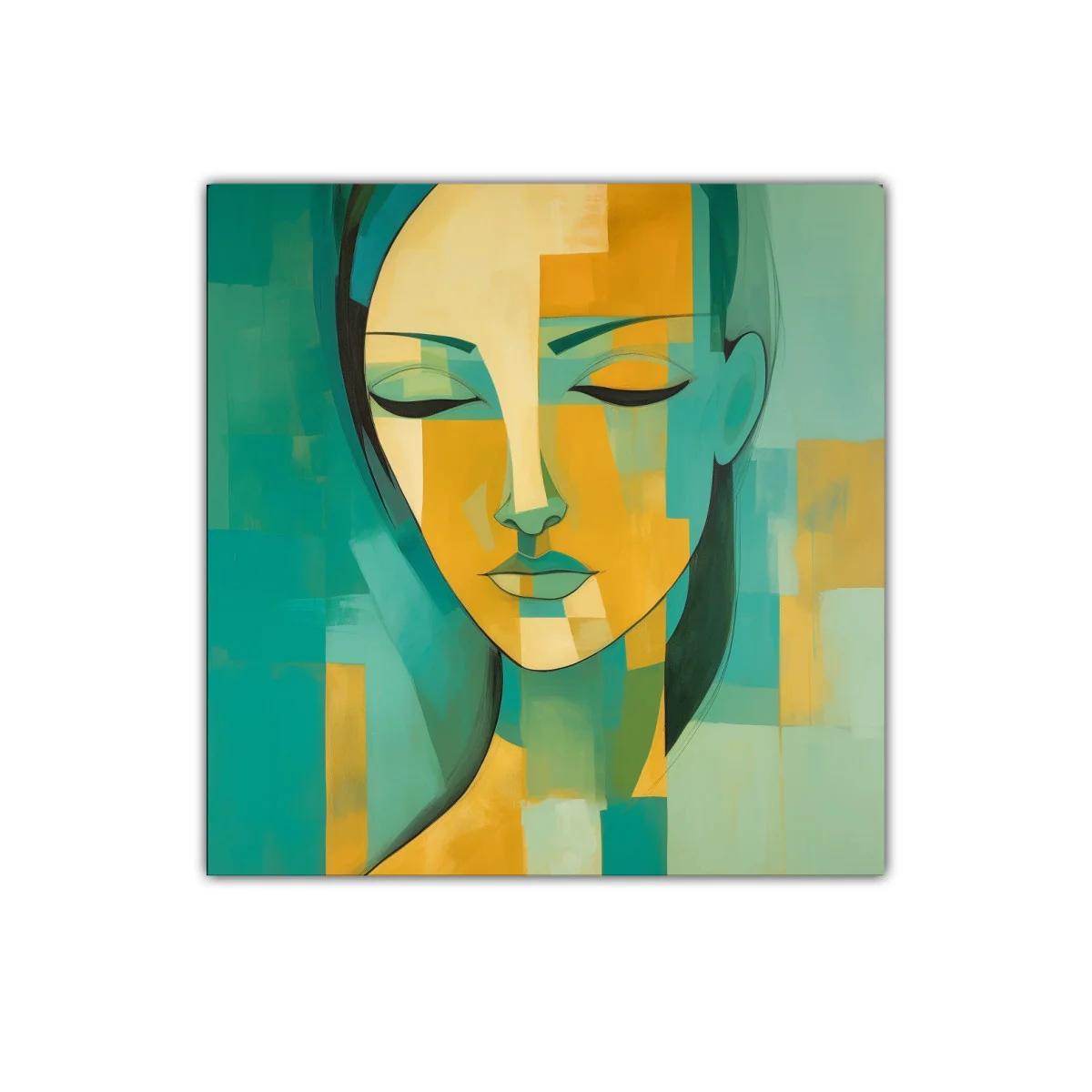 Cuadro abstracto rostro femenino en tonos verdes y amarillos — imagen principal