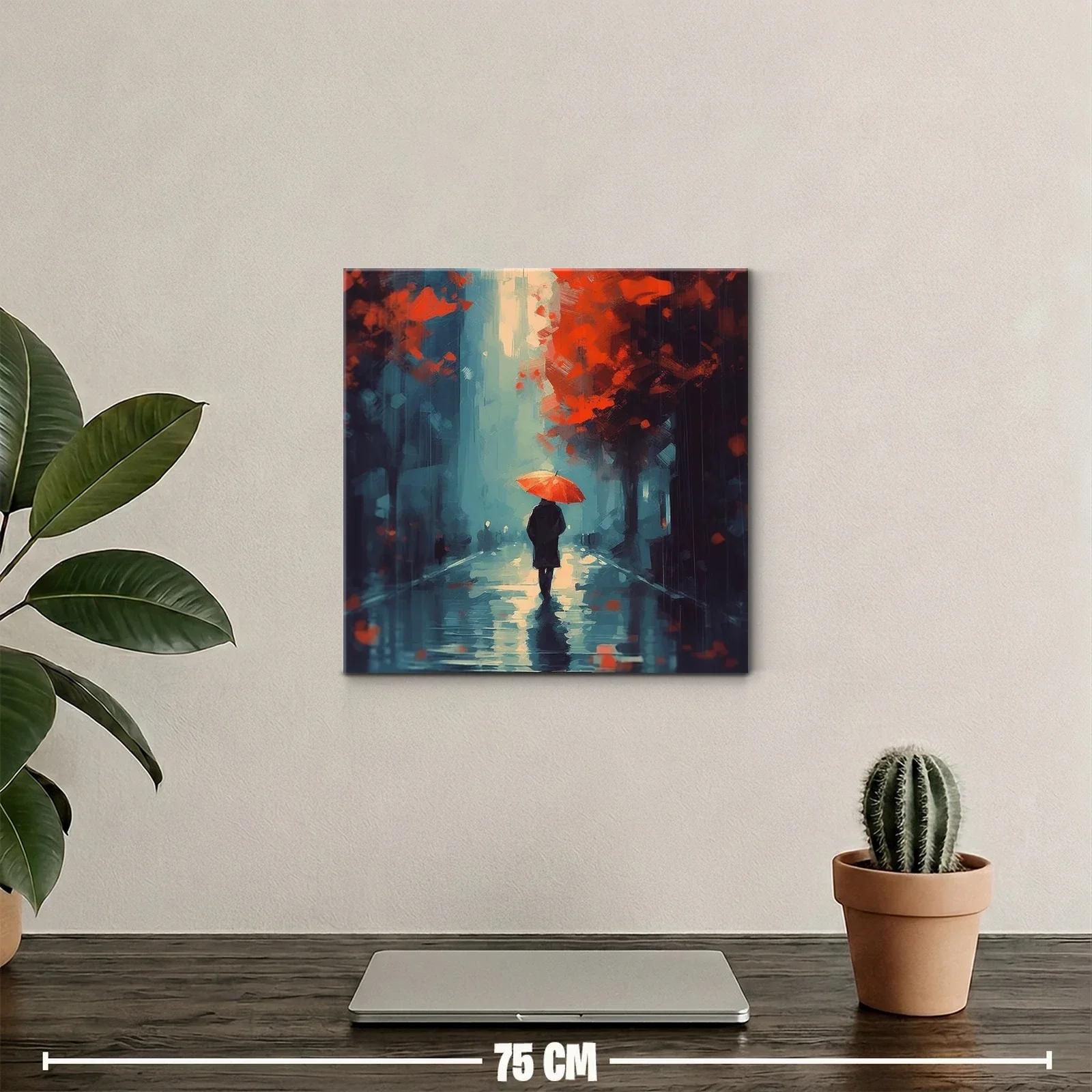 Caminante bajo paraguas rojo en noche lluviosa — miniatura 2