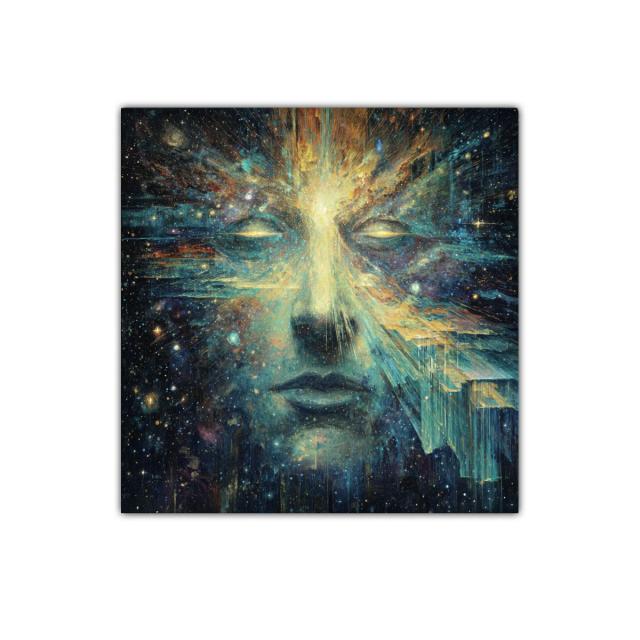 Rostro cósmico con energía luminosa y fractales celestes