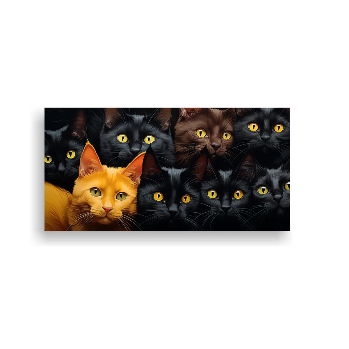 Cuadro grupo de gatos negros con gato naranja y ojos amarillos