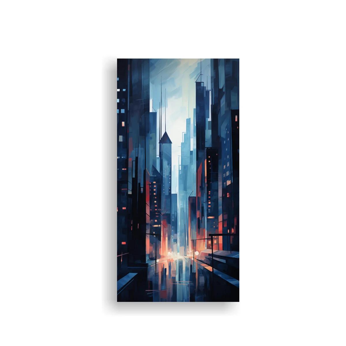 Cuadro rascacielos urbanos con luces cálidas