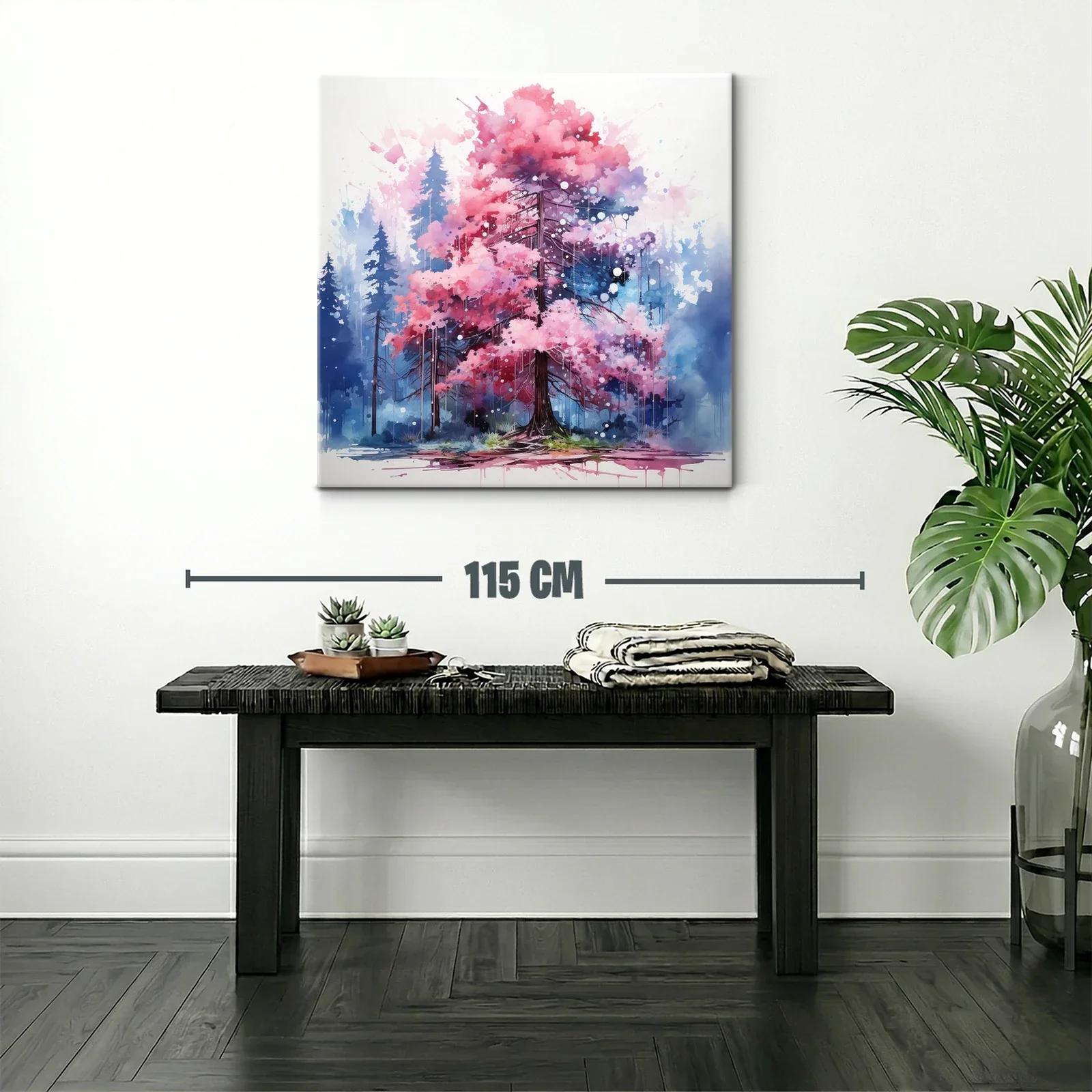 Árbol rosa vibrante en bosque azul nebuloso — miniatura 2