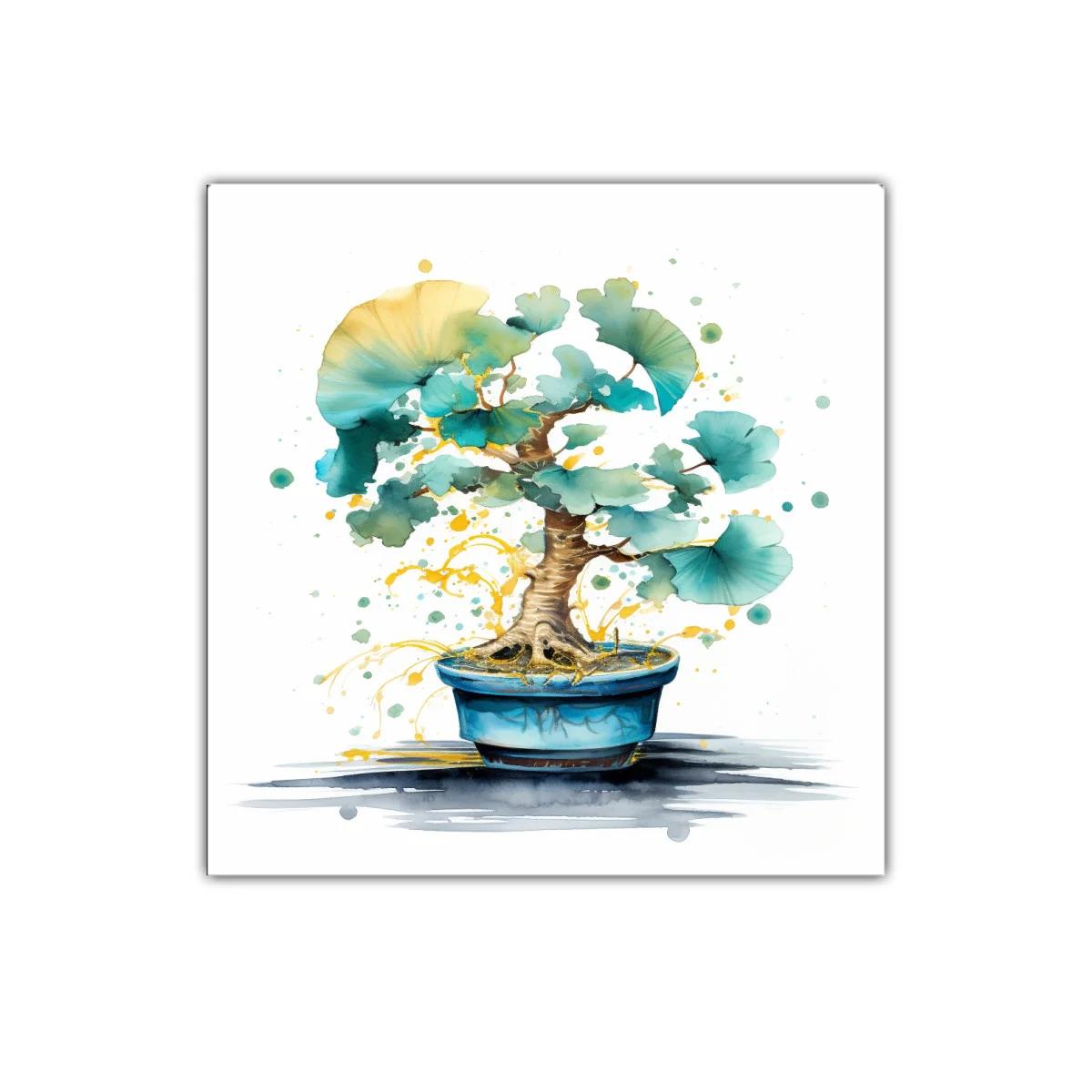 Cuadro decorativo con bonsái y hojas verdes en tonos acuarela