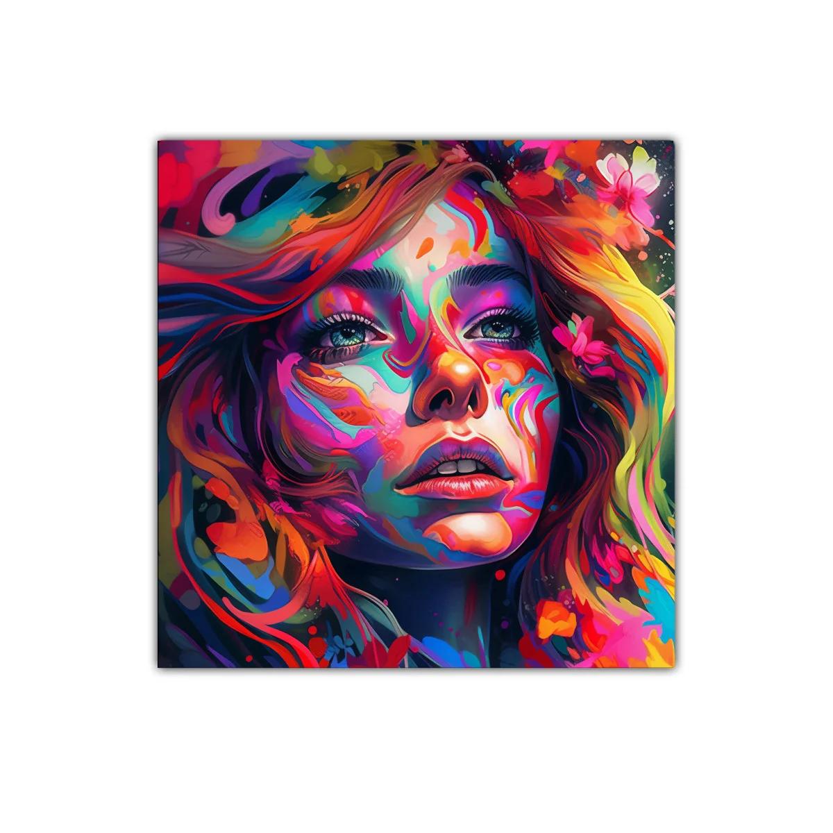 Retrato vibrante con explosión de colores intensos y detalles florales — imagen principal