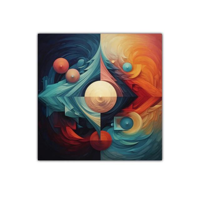 Composición abstracta con formas geométricas y esferas vibrantes