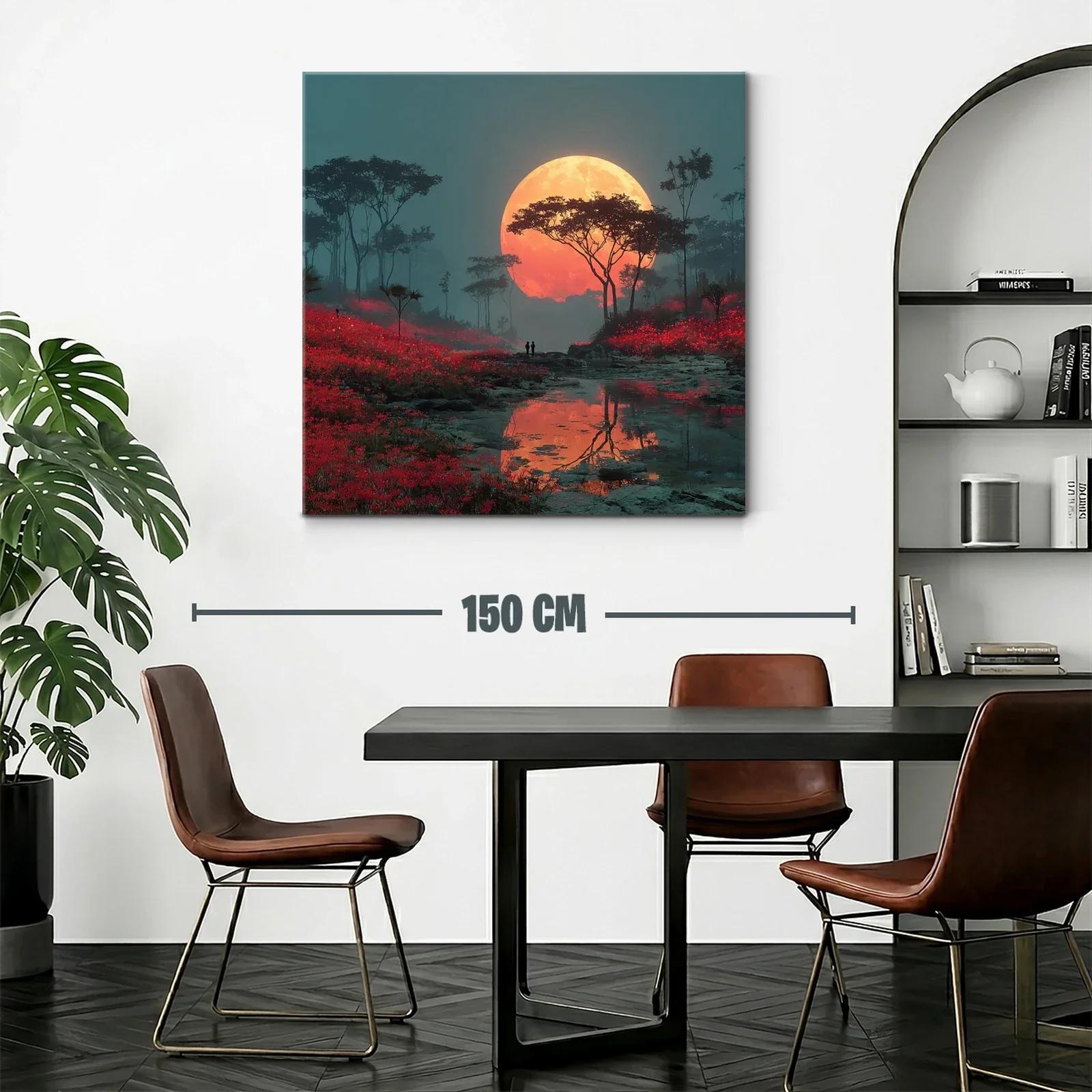 Paisaje nocturno con luna llena y campo rojo vibrante — miniatura 2