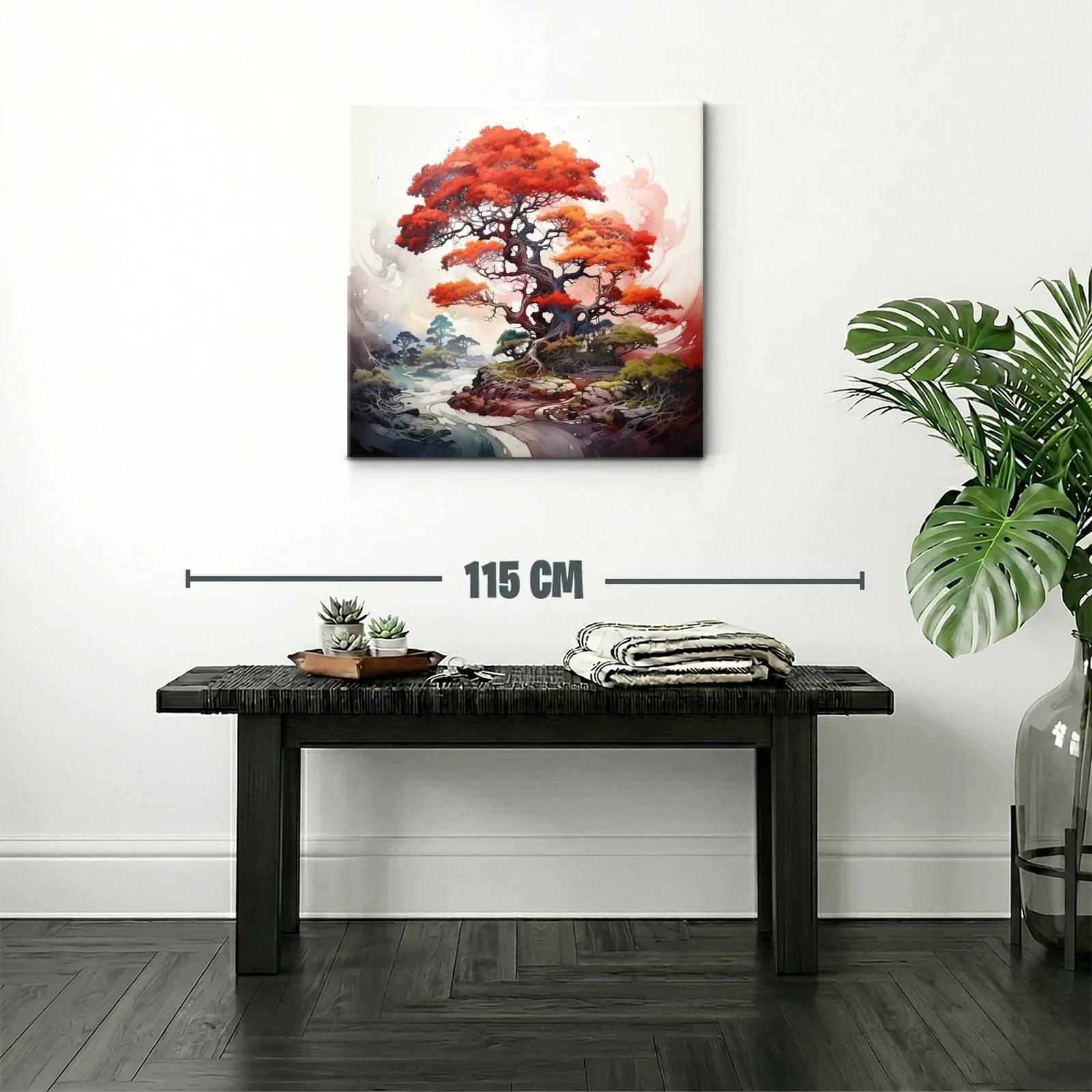 Árbol vibrante con follaje rojo intenso y paisaje onírico — miniatura 2