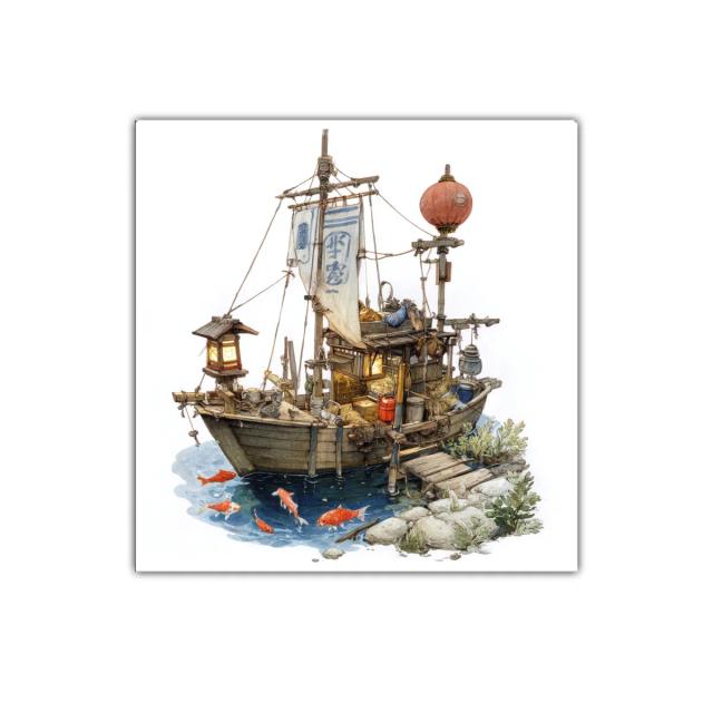 Barco tradicional con linternas y peces en agua tranquila