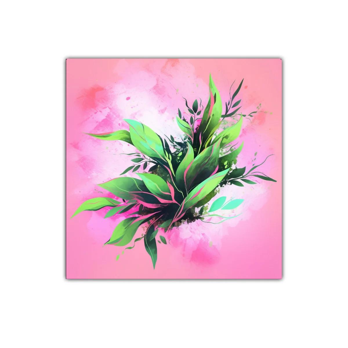 Cuadro decorativo con hojas verdes sobre fondo rosa vibrante — imagen principal