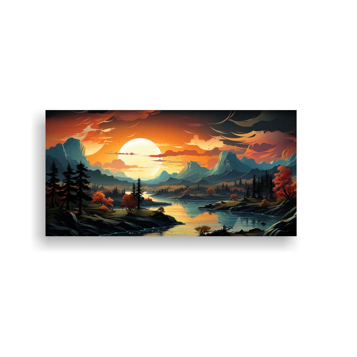 Cuadro paisaje de lago al atardecer con montañas en capas