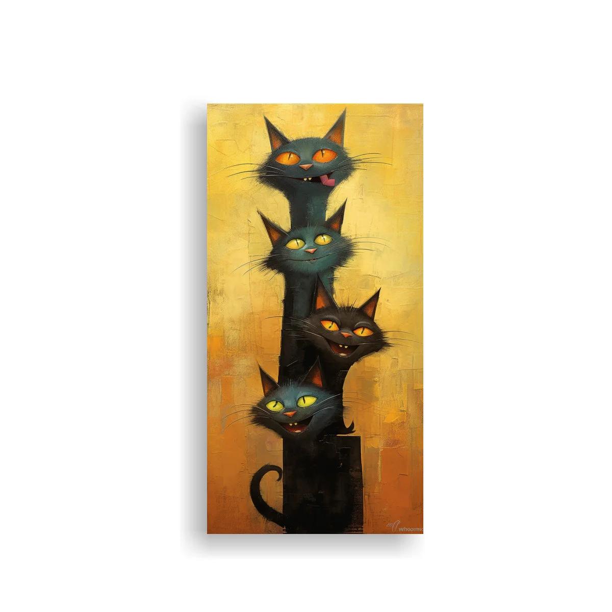 Cuadro cuatro gatos negros apilados con miradas brillantes — imagen principal