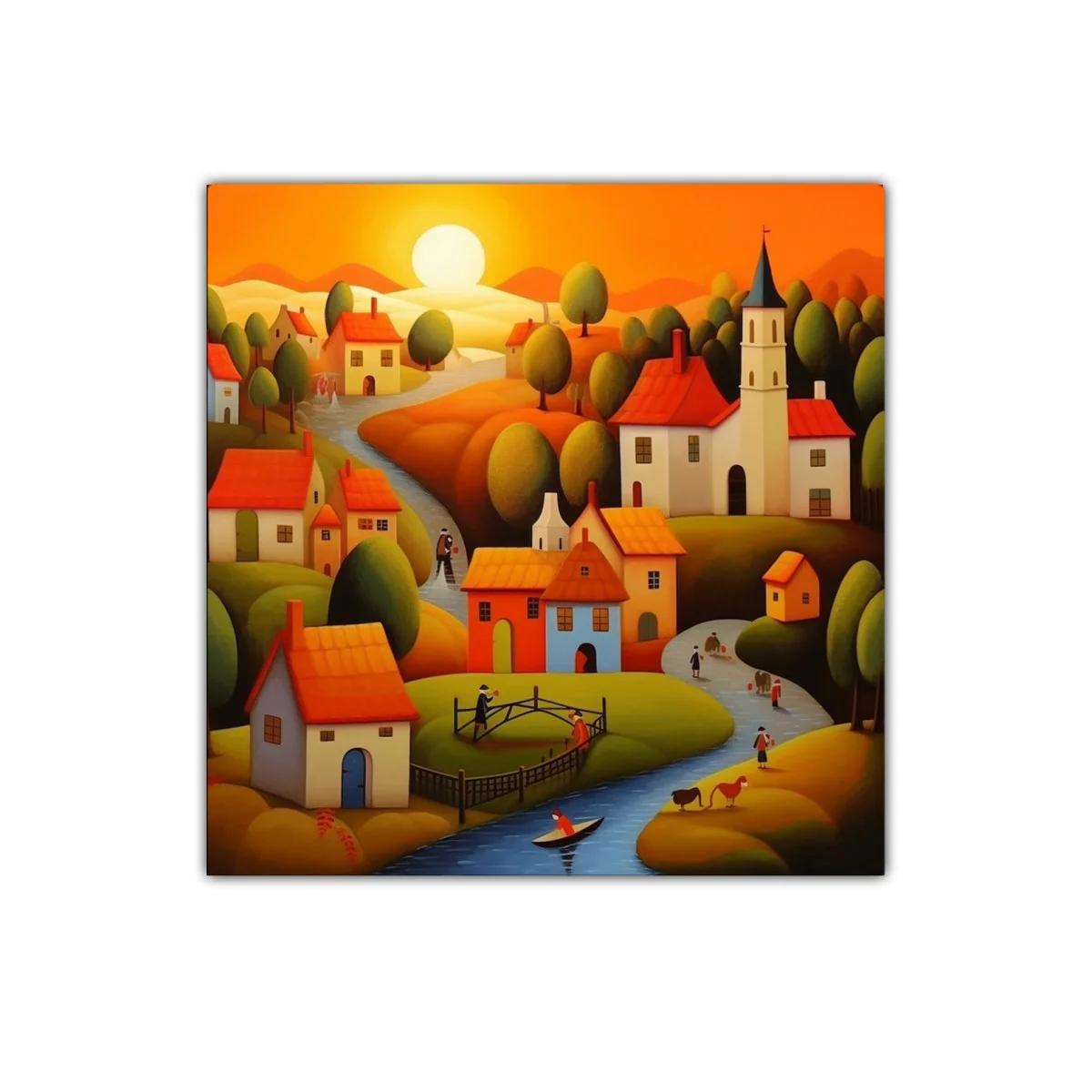 Paisaje de pueblo al atardecer con tonos cálidos y armoniosos — imagen principal