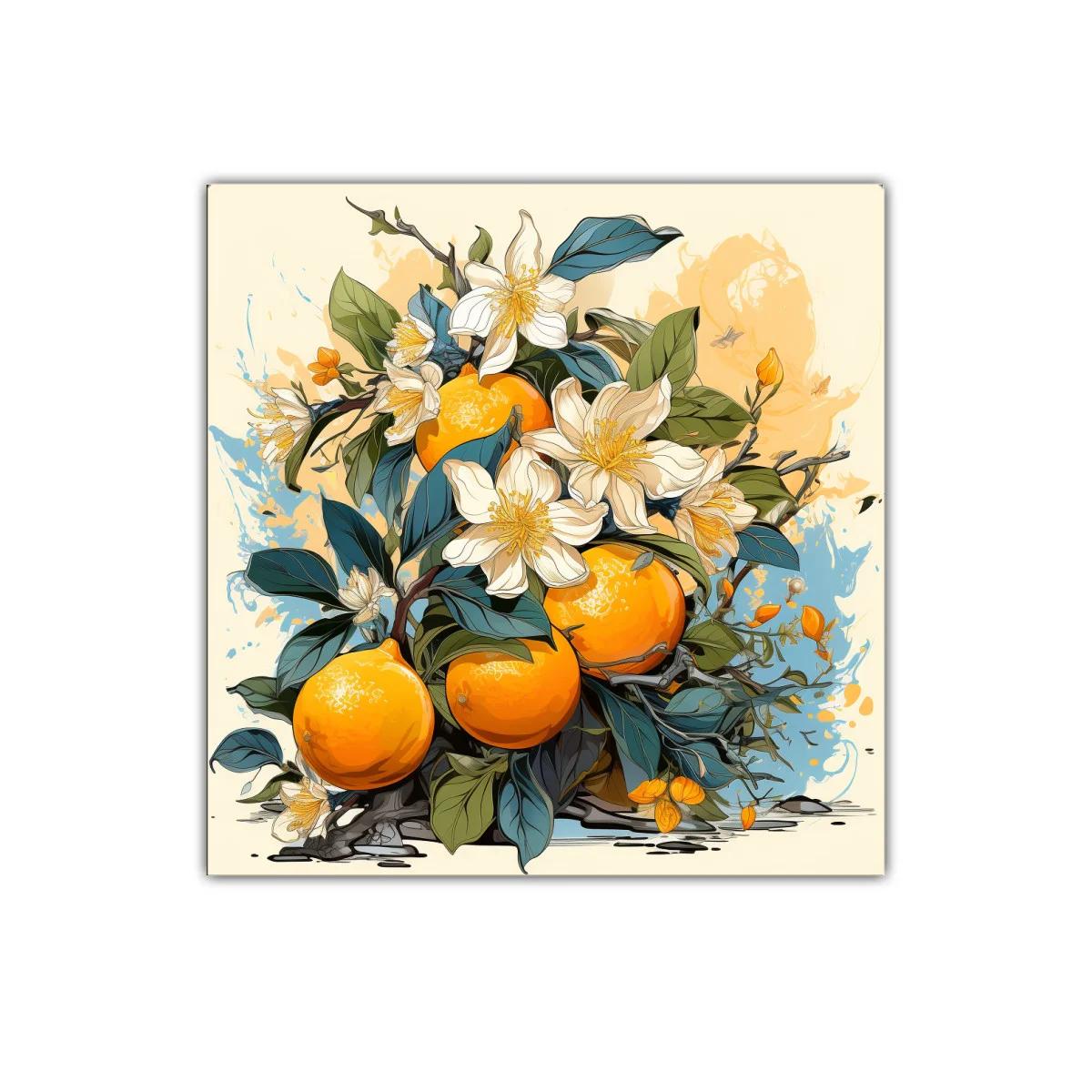 Cuadro con Naranjas y Flores en Tonos Cálidos y Naturales — imagen principal