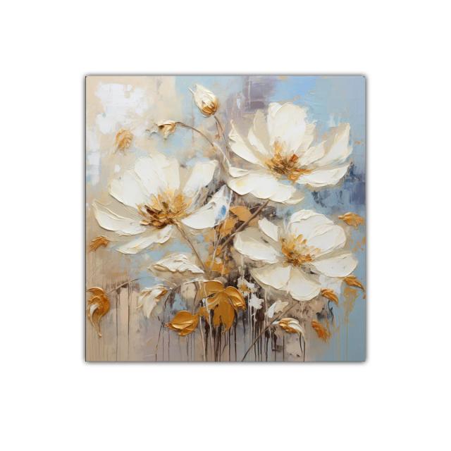 Cuadro floral con flores blancas y hojas doradas delicadas