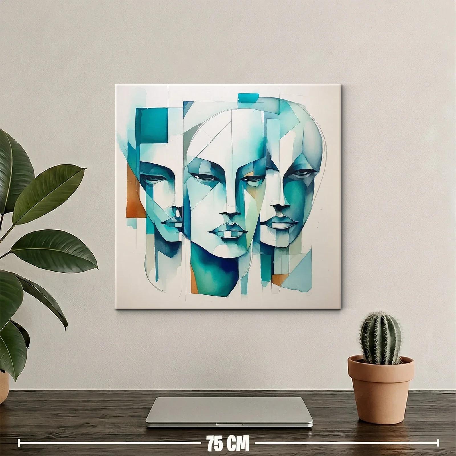 Tríptico abstracto de rostros en tonos azules y turquesa — miniatura 2