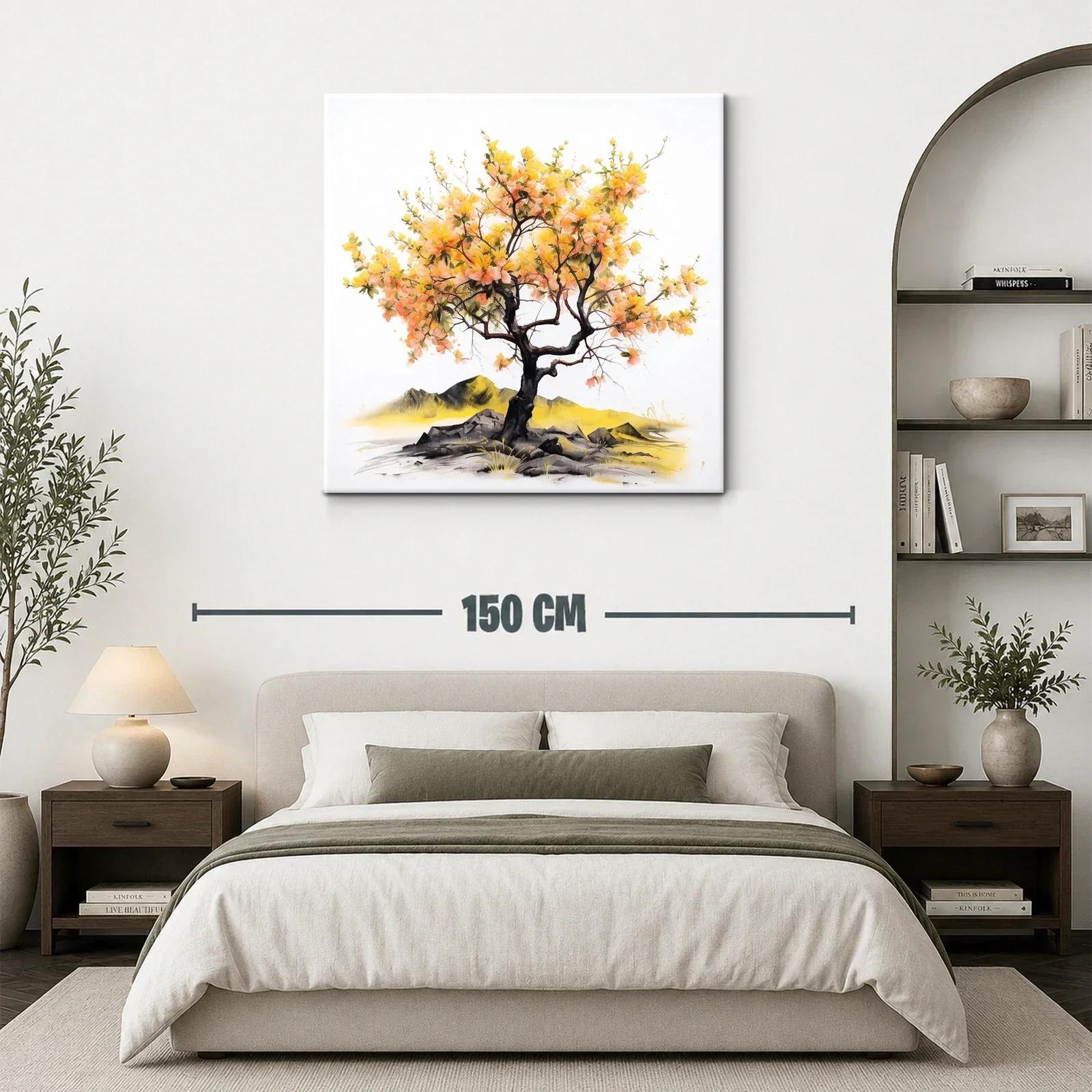 Arbol con flores amarillas y naranjas sobre rocas y paisaje — miniatura 3