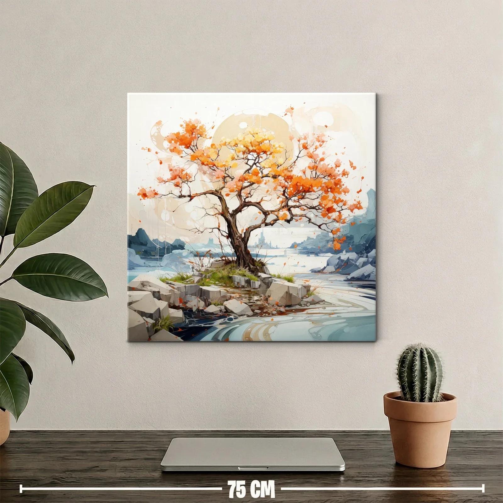 Árbol otoñal vibrante en paisaje sereno de río y rocas — miniatura 2