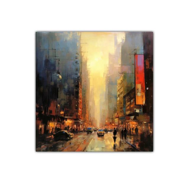 Atardecer urbano con luces cálidas en ciudad vibrante