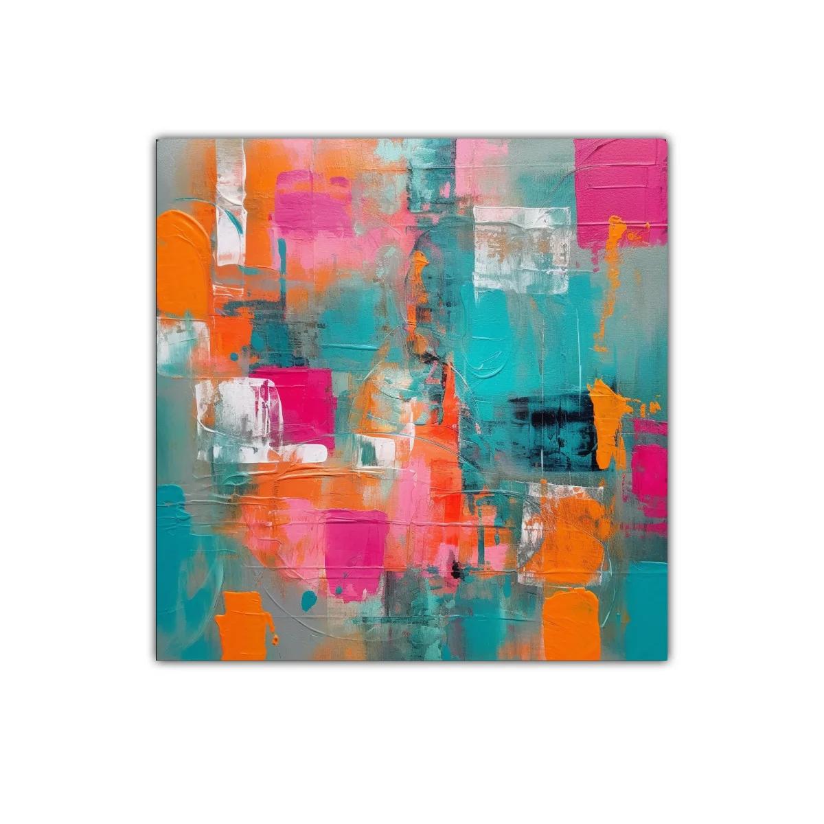 Cuadro abstracto con vibrantes tonos turquesa naranja y rosa
