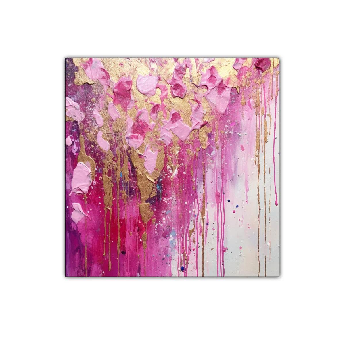Cuadro abstracto en tonos rosas con detalles dorados