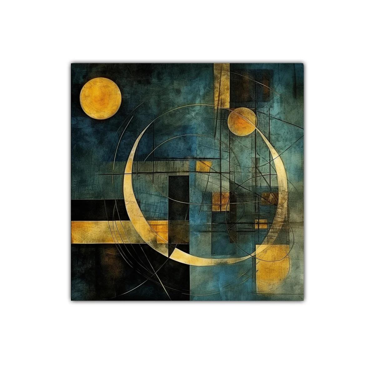 Composición geométrica con círculos dorados sobre fondo azul oscuro — imagen principal