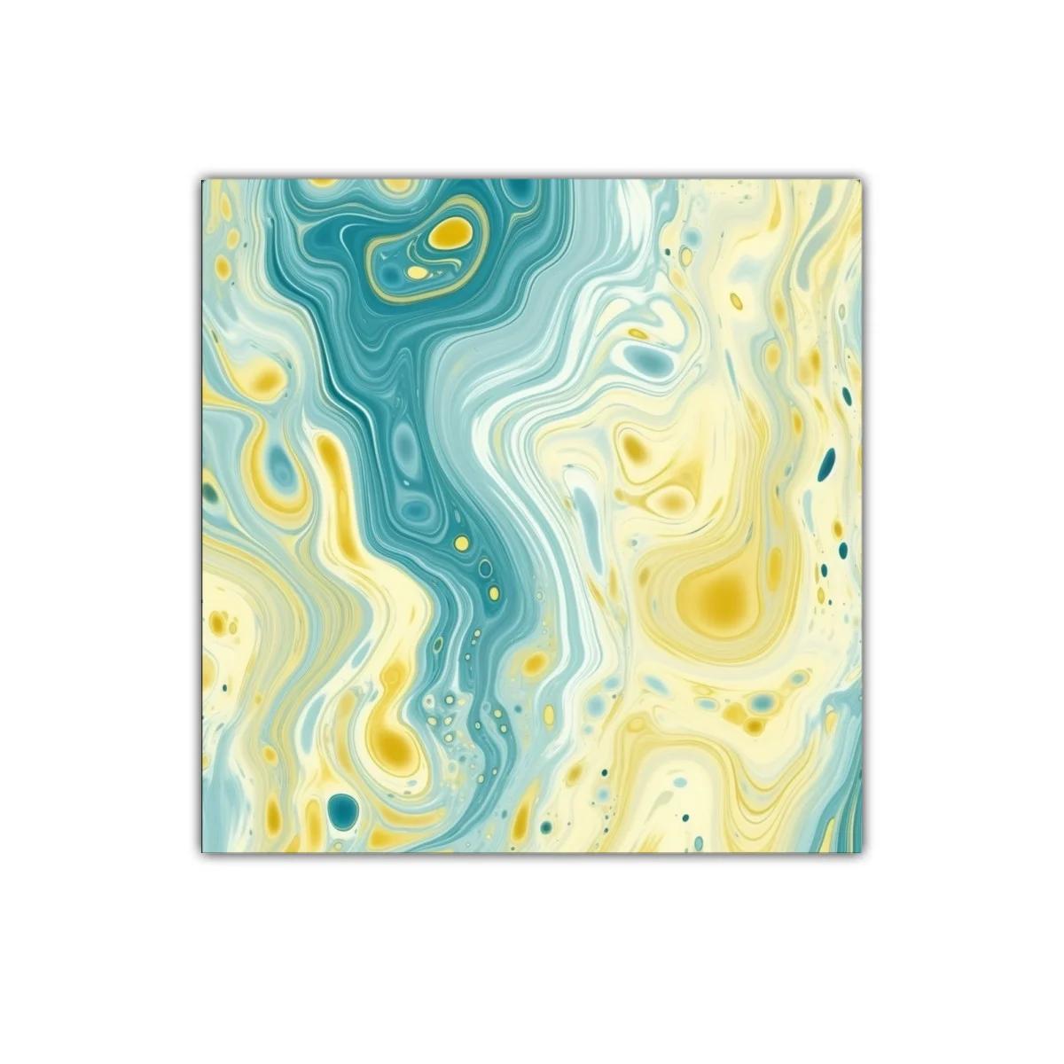 Cuadro abstracto con fluidas formas y tonos aqua y amarillo