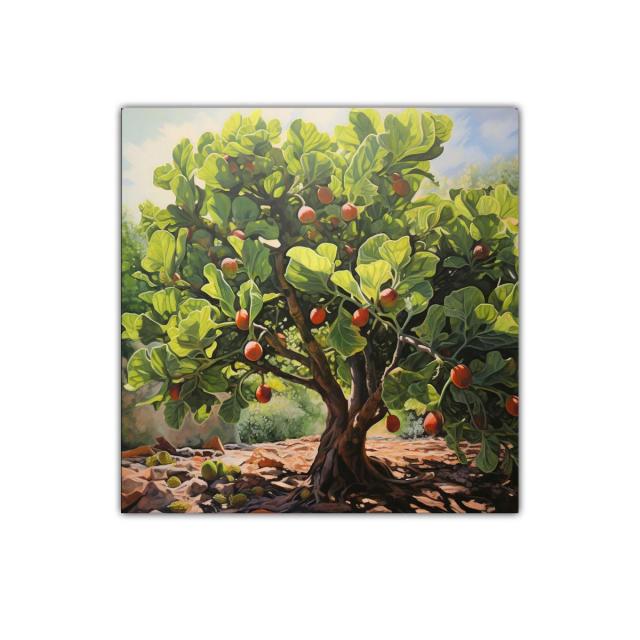 Árbol frutal iluminado con hojas y frutos vibrantes