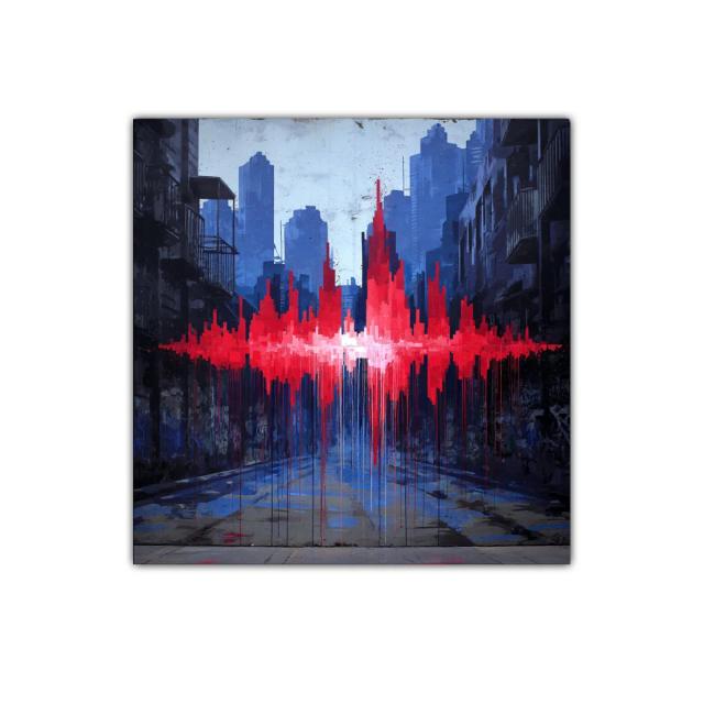 Impacto urbano con vibrante pulso rojo en paisaje gris