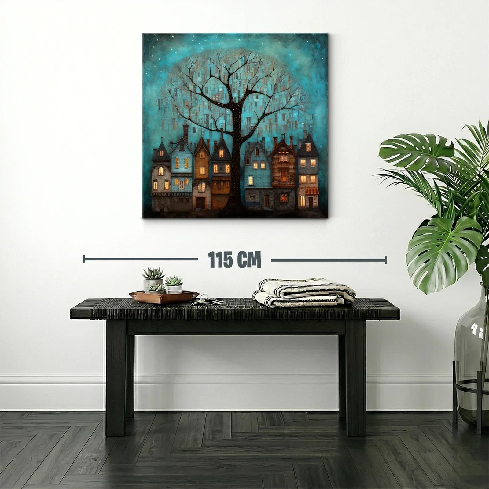 Encantador paisaje nocturno con casas y árbol iluminado — miniatura 2