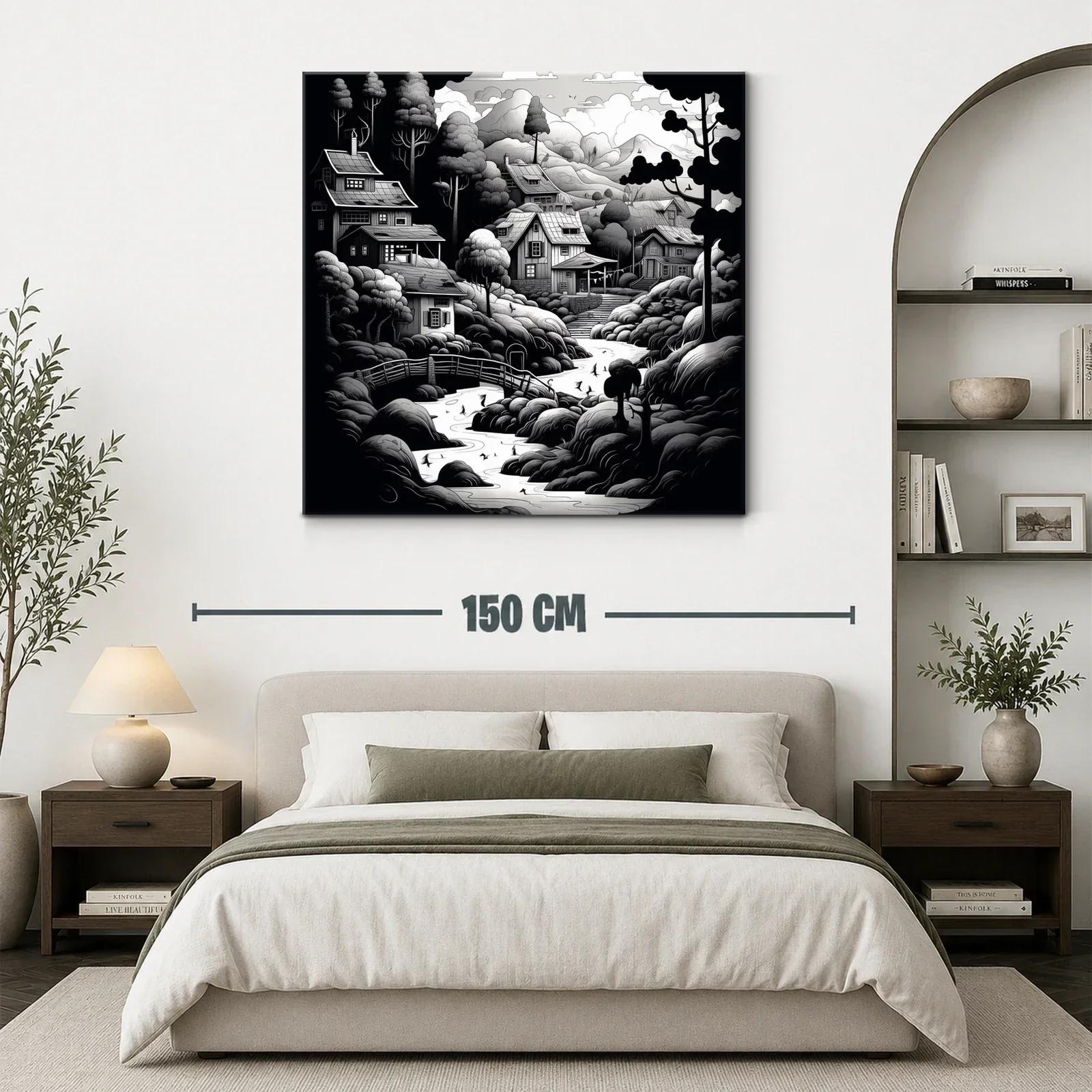 Paisaje rural en blanco y negro con casas y río serpenteante — miniatura 3