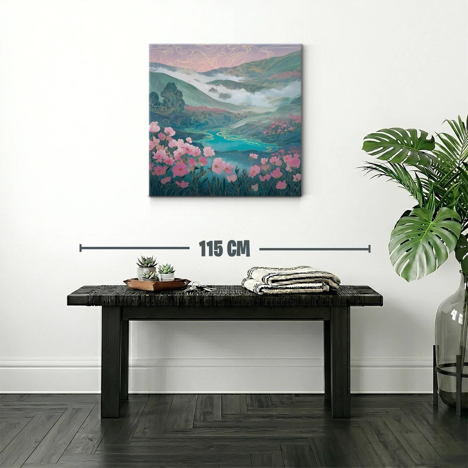 Paisaje floral con lago y montañas en tonos suaves — miniatura 2