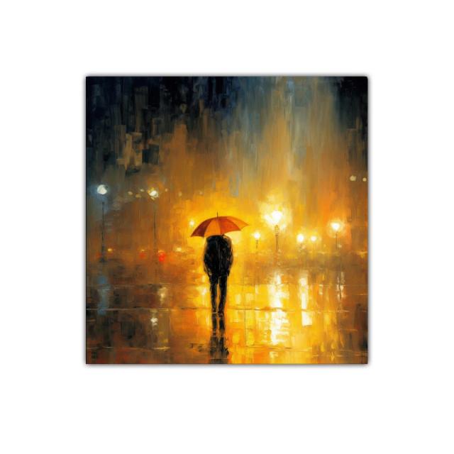 Silueta bajo paraguas rojo en noche iluminada