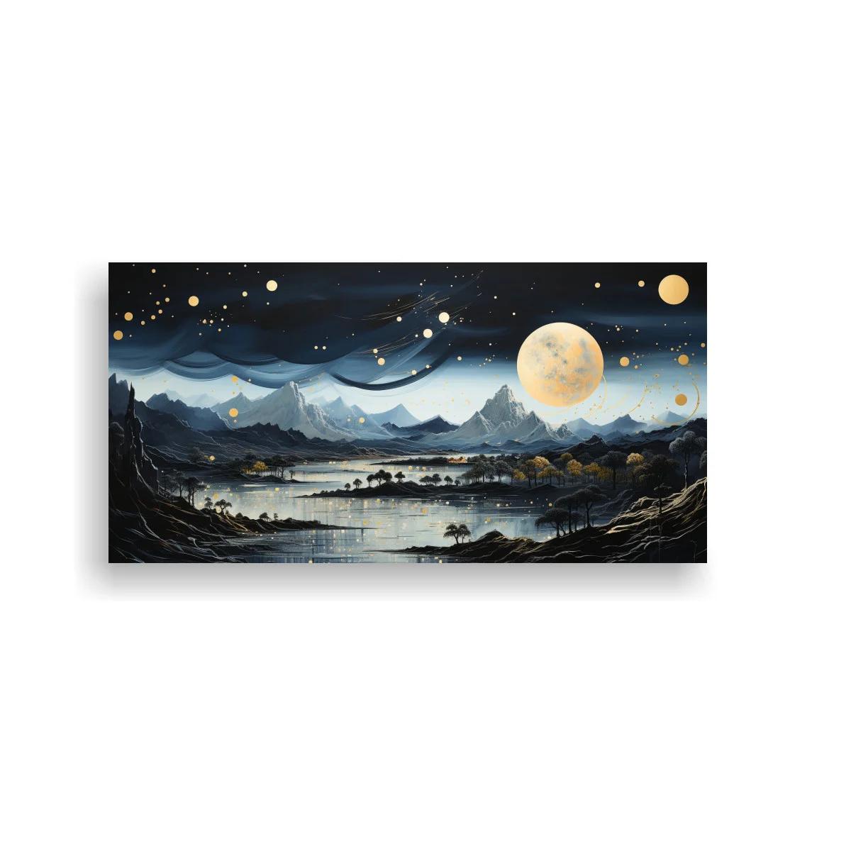 Cuadro paisaje montañoso nocturno con luna llena y orbes dorados