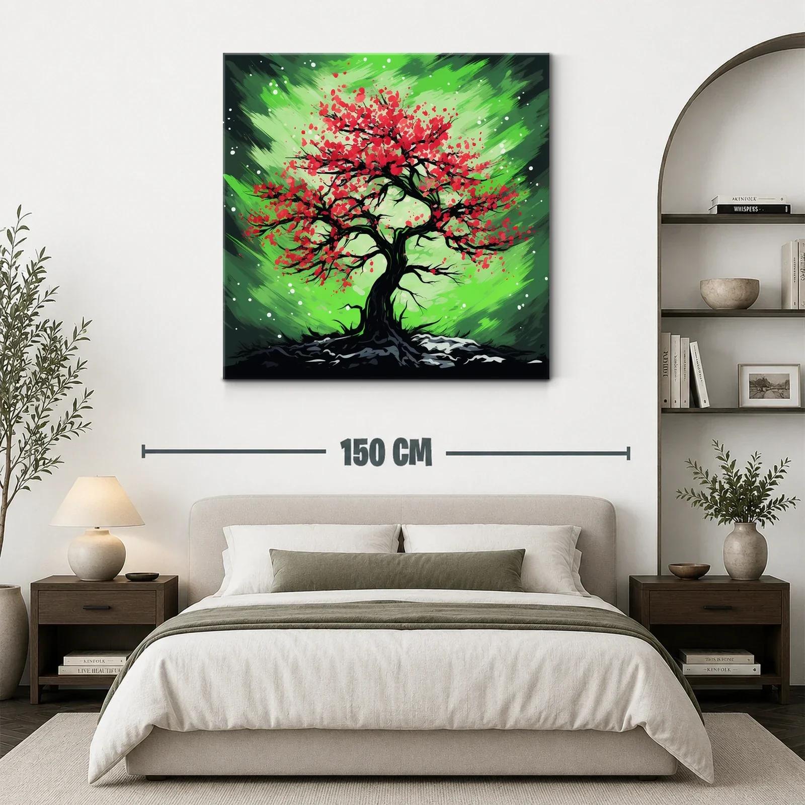 Árbol vibrante con flores rojas sobre fondo verde dinámico — miniatura 3
