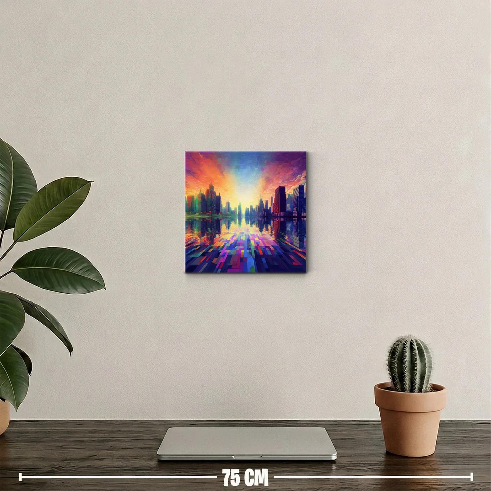 Atardecer vibrante en ciudad reflejada sobre agua — miniatura 2