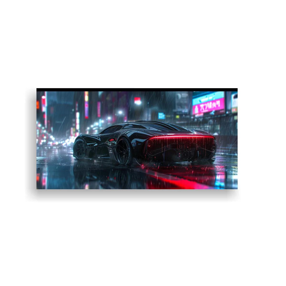 Cuadro coche deportivo futurista negro en calle lluviosa