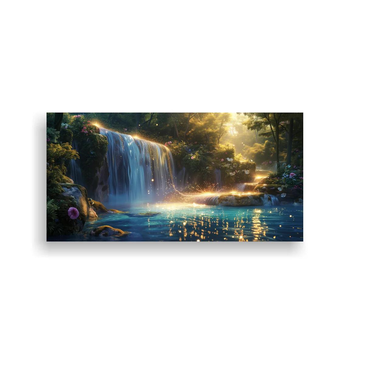 Cuadro cascada en un bosque con agua turquesa y luz dorada