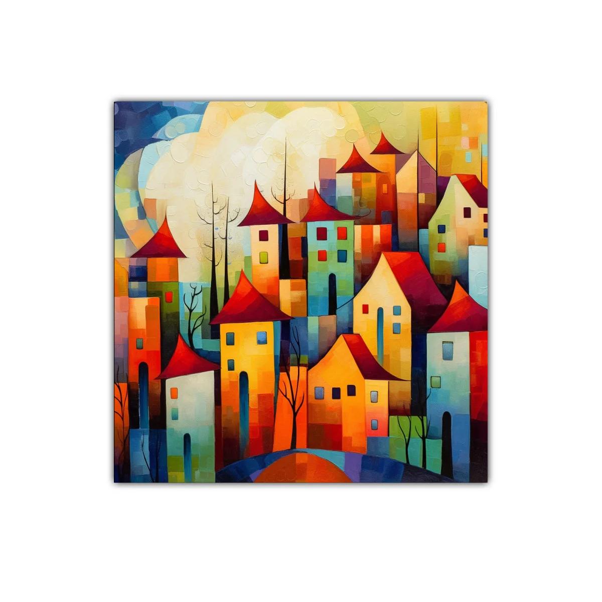 Pueblo de colores vivos con tejados rojos en paisaje onírico — imagen principal