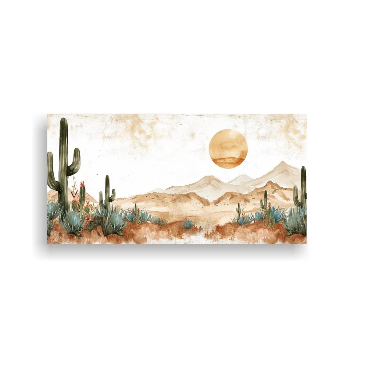 Cuadro paisaje desértico con cactus y sol circular