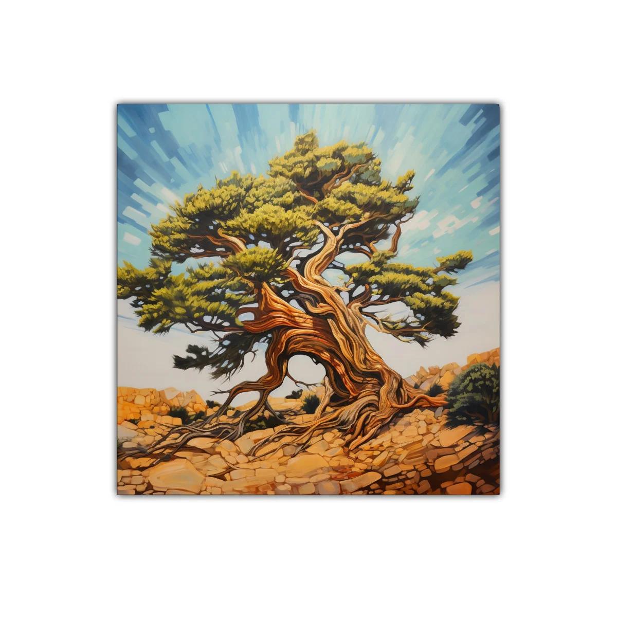 Árbol retorcido con ramas y hojas verdes bajo cielo azul — imagen principal