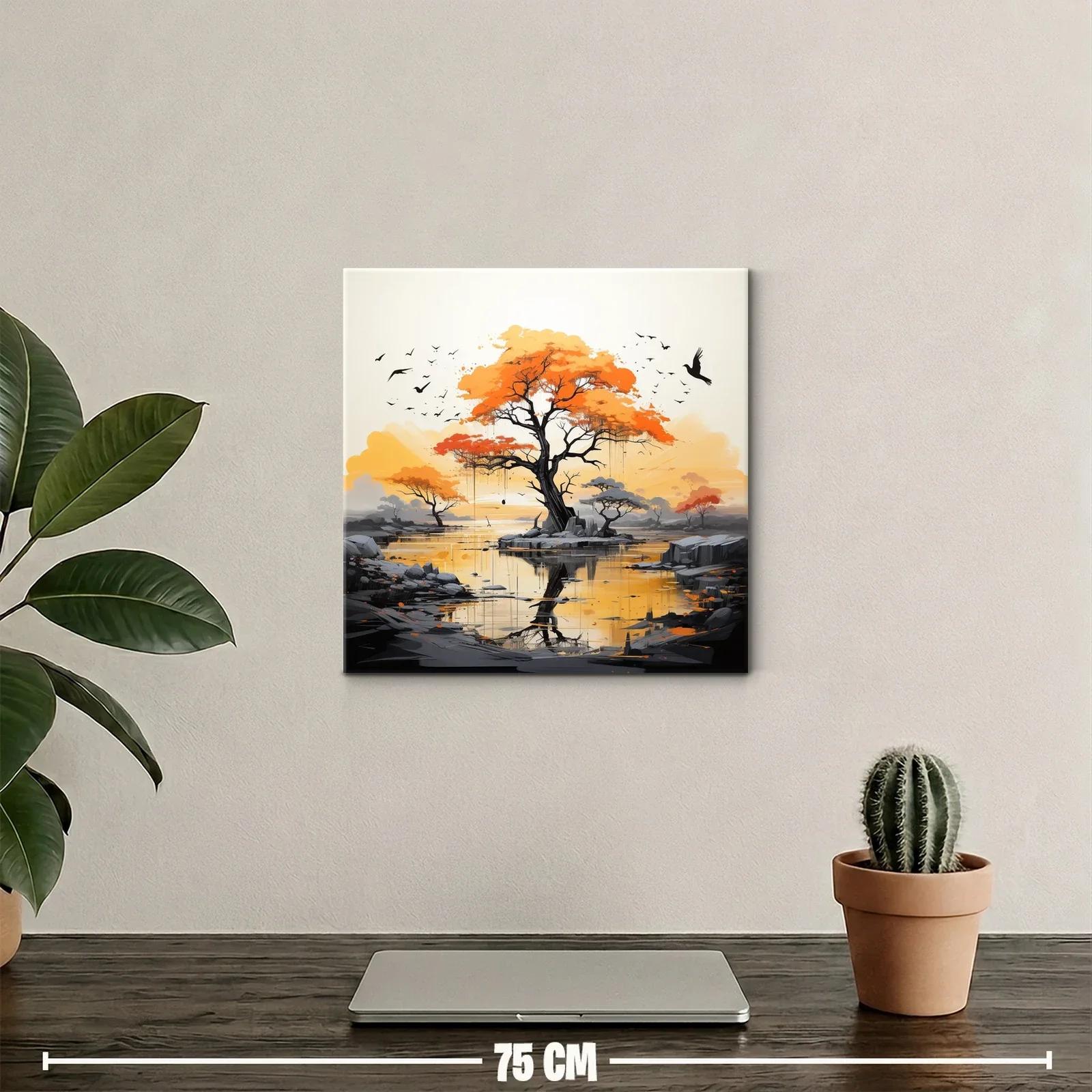 Árboles en atardecer naranja reflejados en agua tranquila — miniatura 2
