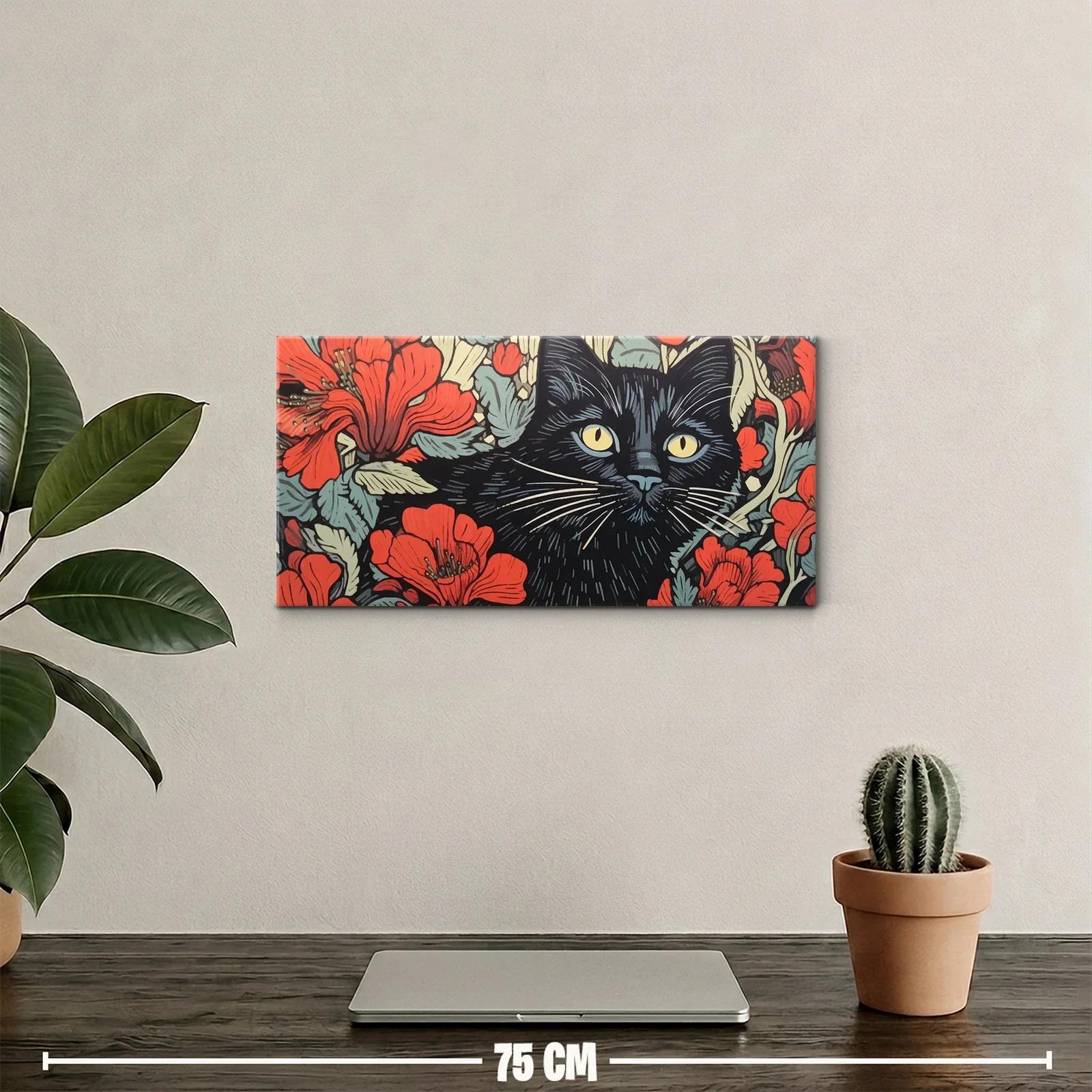 Cuadro gato negro entre flores rojas — miniatura 2