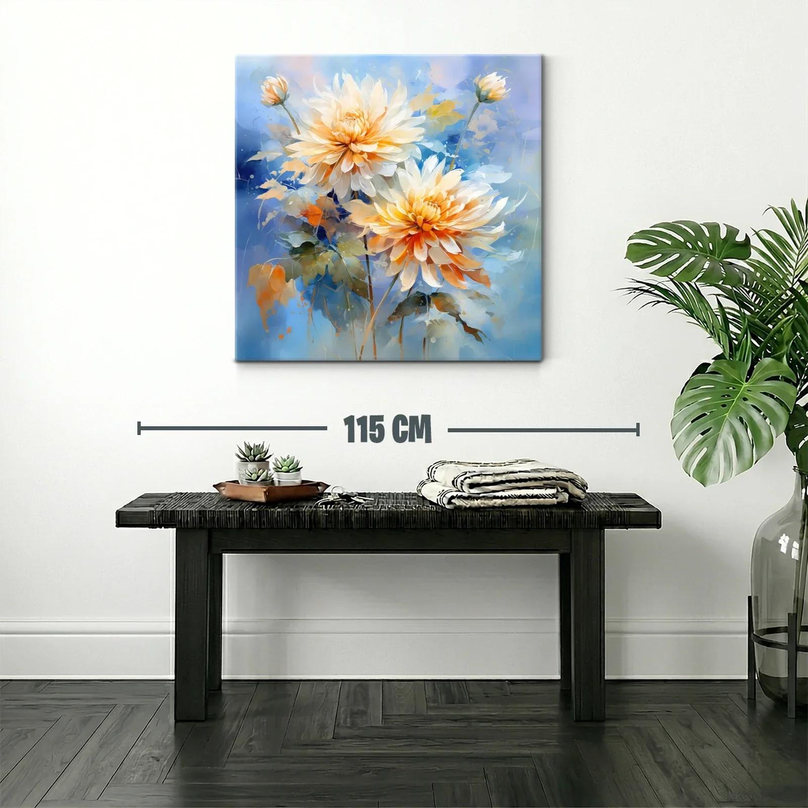 Cuadro floral con dalias en tonos cálidos y fondo azul — miniatura 2