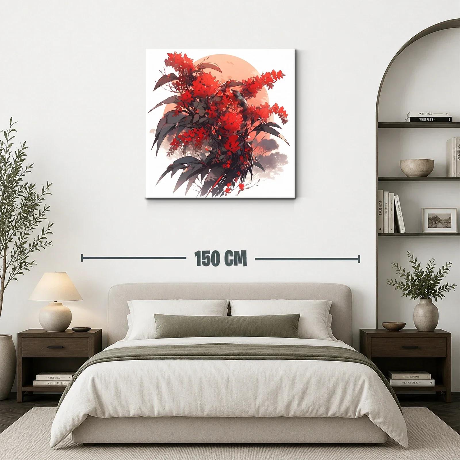 Cuadro floral con aves en tonos rojizos y contraste oscuro — miniatura 3