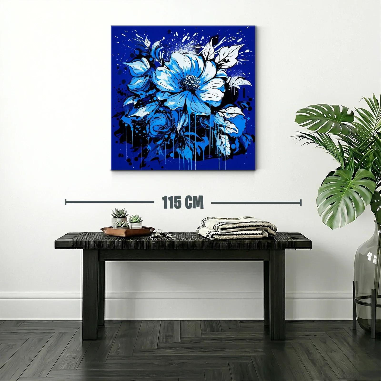 Cuadro floral vibrante en tonos azules intensos y negros — miniatura 2